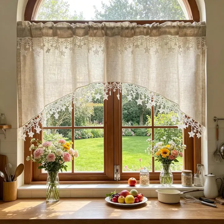 1-Panel Boho Linen Arched Cafe Curtain Valance with Star Lace Trim