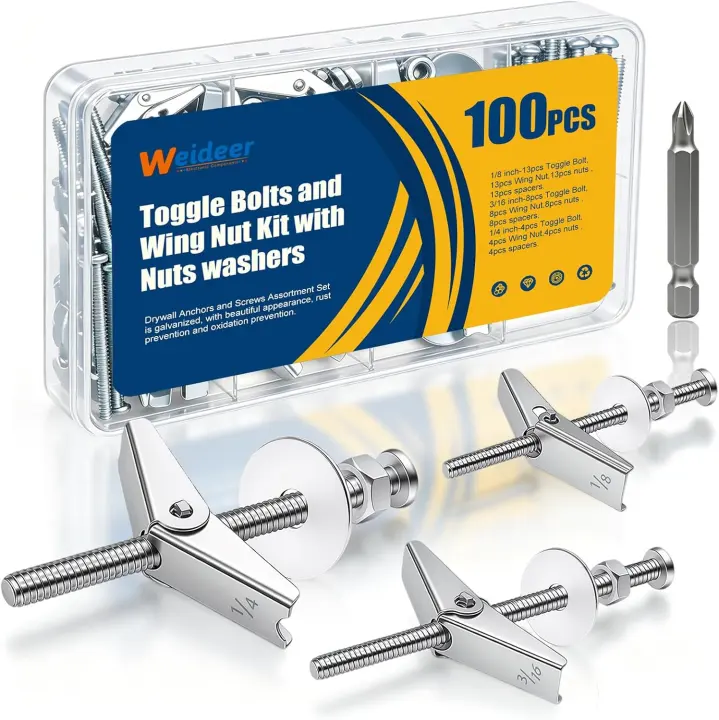 100-Piece Toggle Bolt Assortment — Heavy-Duty Drywall Anchors & Wing Nuts