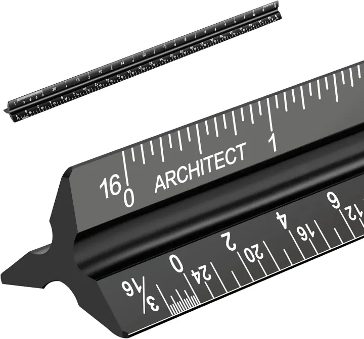 12-inch Aluminum Architect Triangular Scale Ruler — Imperial, Black