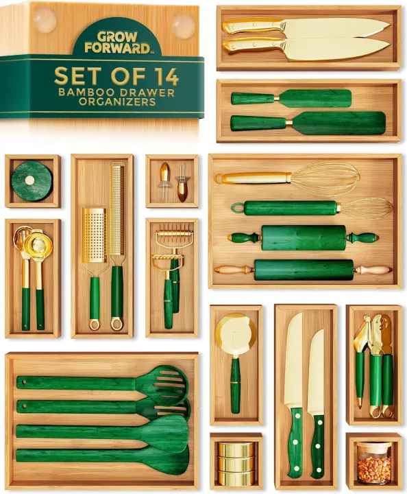 14-Piece Bamboo Drawer Organizer Set — Wooden Dividers for Home & Office
