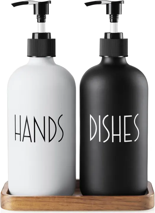 16 oz Glass Soap Dispenser Set with Acacia Tray — Kitchen/Bath