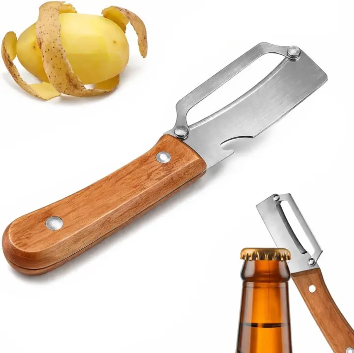 2-in-1 Wooden-Handled Vegetable Peeler with Wide Stainless Blade