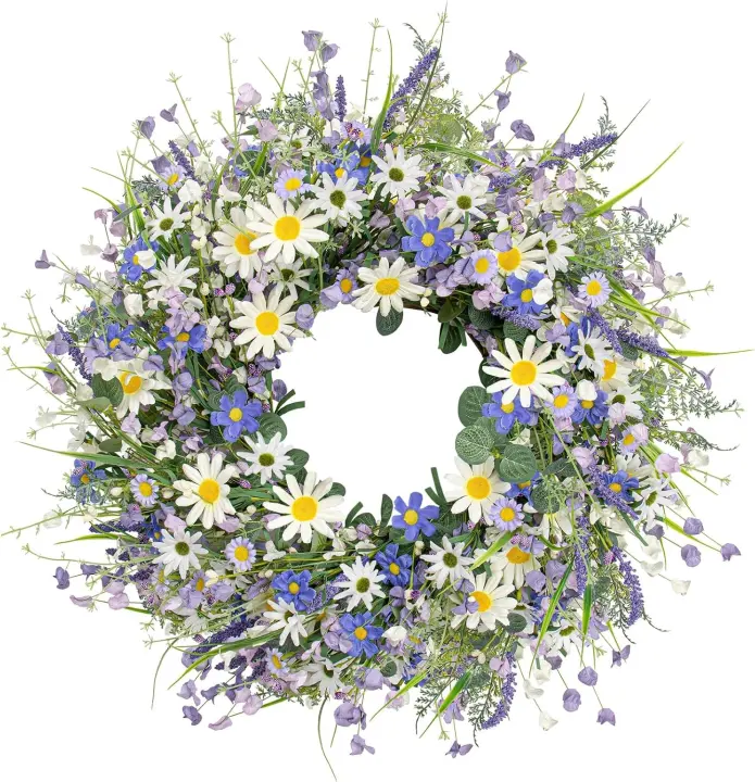 22-Inch Summer Grapevine Door Wreath with Blue Daisies & Lavender
