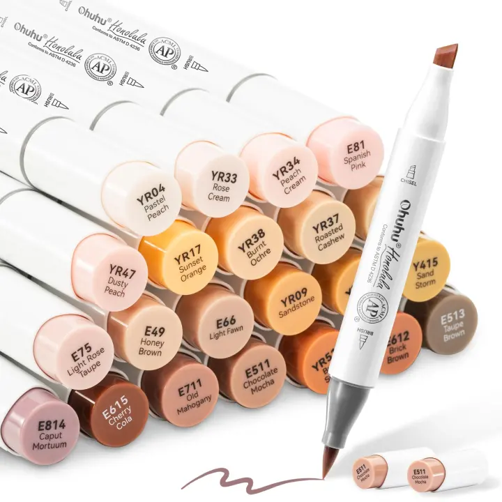24 Skin-Tone Alcohol Markers – Dual-Tip Portrait Set (Brush & Chisel)