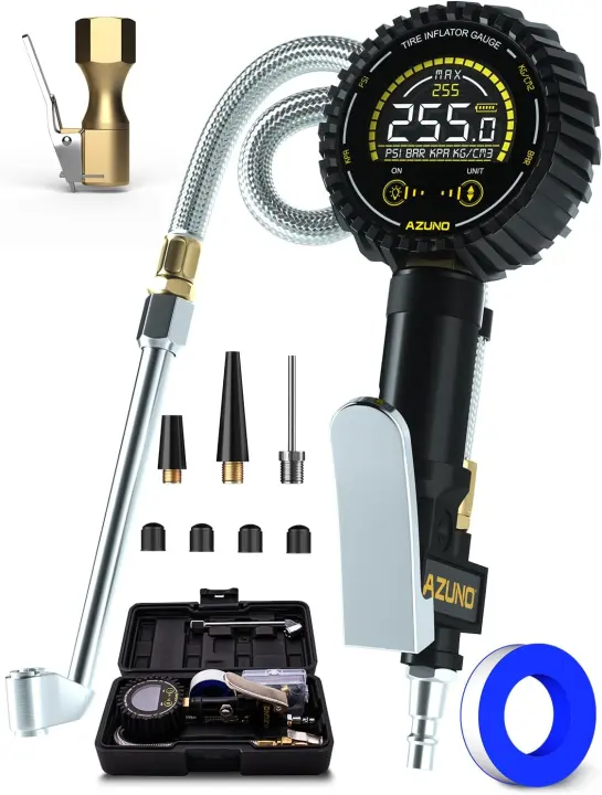 255 PSI Digital Tire Inflator Gauge with Steel-Braided Hose & Case