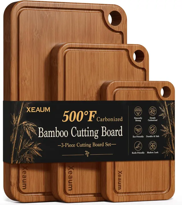 3-Piece Bamboo Cutting Board Set — Deep-Carbonized Wooden Chopping Mats