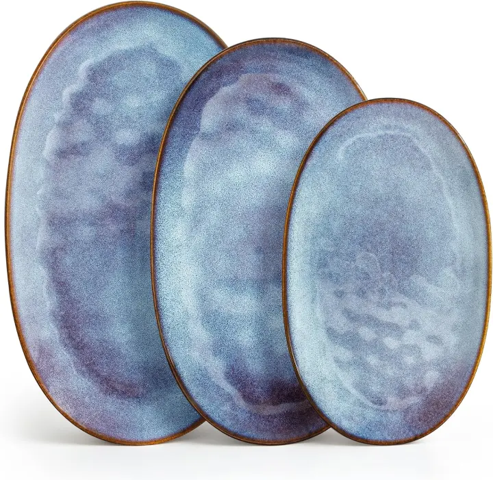 3-Piece Oval Ceramic Serving Platter Set — 16 / 14.7 / 13.5 in