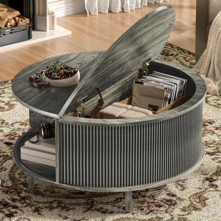 31.5-inch Round Lift-Top Coffee Table with Storage, Mid-Century Modern