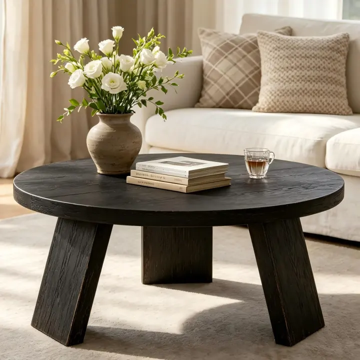 33.5" Round Modern Coffee Table — Black Wooden Center Table