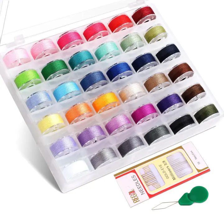36-Pack Prewound Sewing Machine Bobbins with Case, Needles & Threader