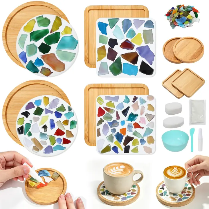 4-Pack DIY Mosaic Coaster Kits — Mixed-Color Glass Tiles & Wooden Bases