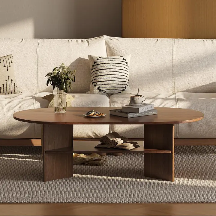 47-inch Oval 2-Tier Coffee Table — Walnut Finish, Waterproof MDF, Curved Design
