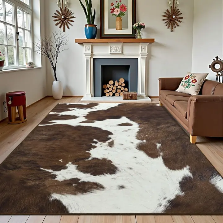 5x7 Brown Cow-Print Washable Area Rug — Non-Slip Indoor Floor Carpet