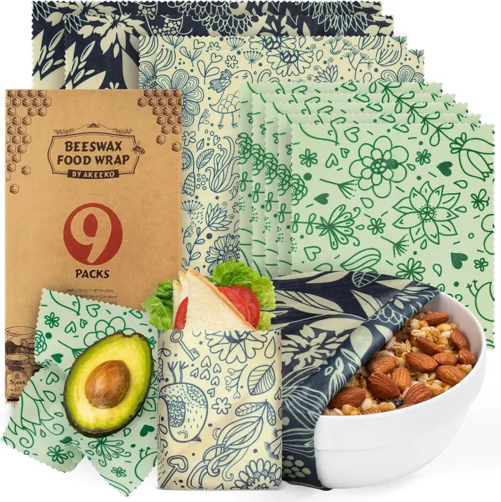 Akeeko Beeswax Food Wraps — Reusable 9-Pack (Assorted Sizes)
