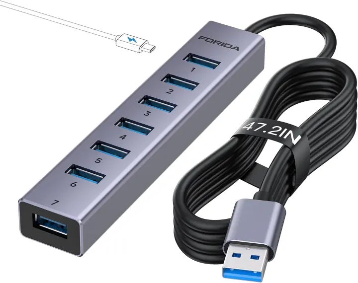Aluminum 8‑Port USB 3.0 Hub with 47in Long Cable