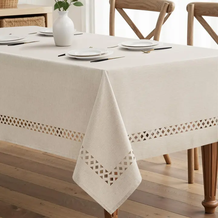 Beige Rectangular Faux-Linen Tablecloth — 60 x 120 in