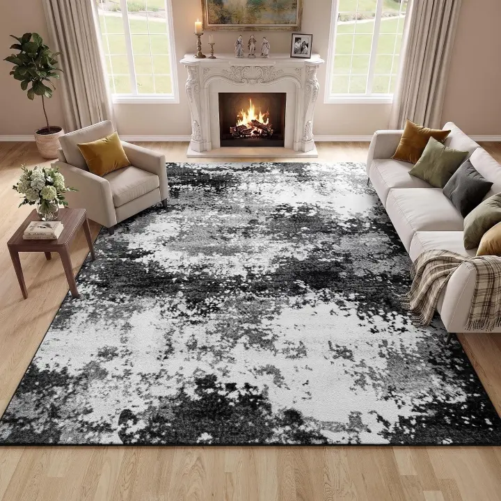Black Machine-Washable 5x7 Area Rug for Living Room & Bedroom