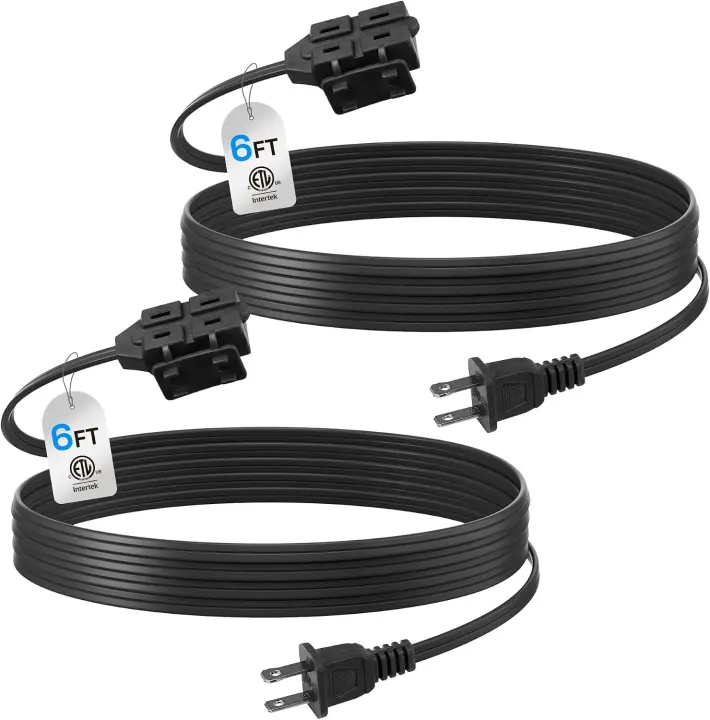 BN-LINK 6ft Flat Indoor Extension Cord — 3-Outlet, 2-Pack (Black)