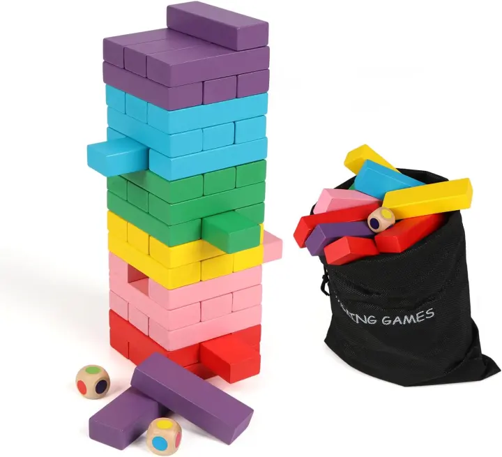 Canuan Wooden Tumbling Tower — 48-Piece Colorful Stacking Blocks