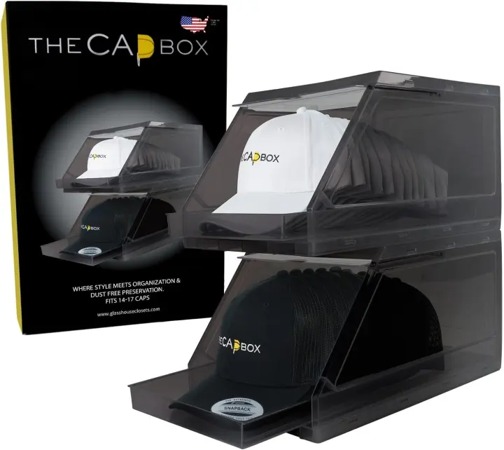 CapBox 2.0 — 2-Pack Clear Stackable Hat Organizer with Sliding Trays