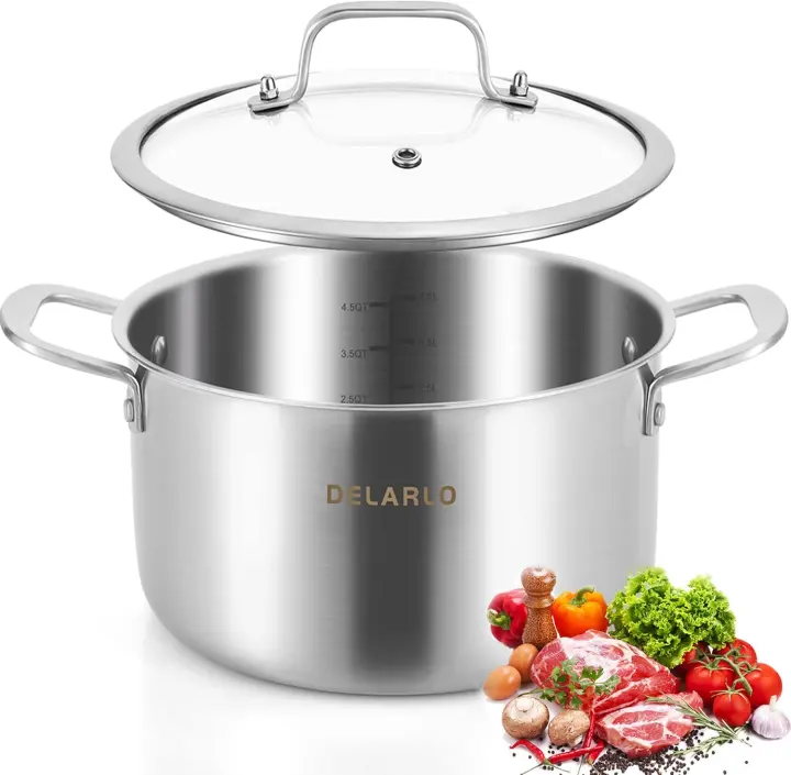 DELARLO Tri-Ply Stainless Steel 5-Quart Heavy-Duty Stock Pot with Lid