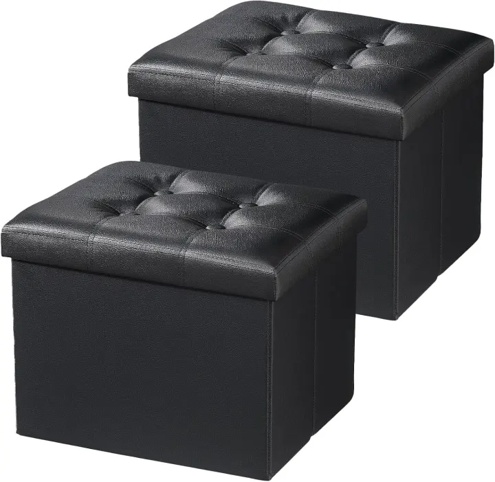 Folding 17" Storage Ottoman Footrest — Faux Leather, 2-Pack (Black)