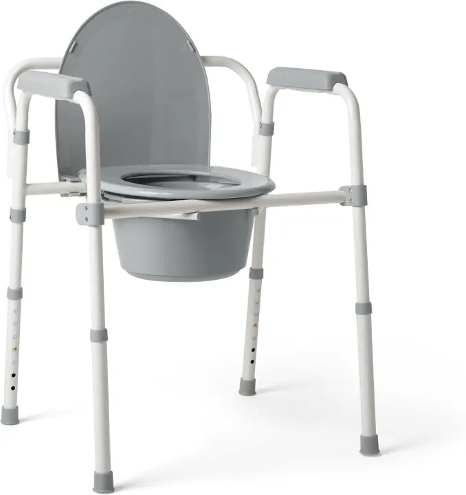 Folding Steel 3-in-1 Bedside Commode — Standard Seat, 7.5‑Qt Bucket