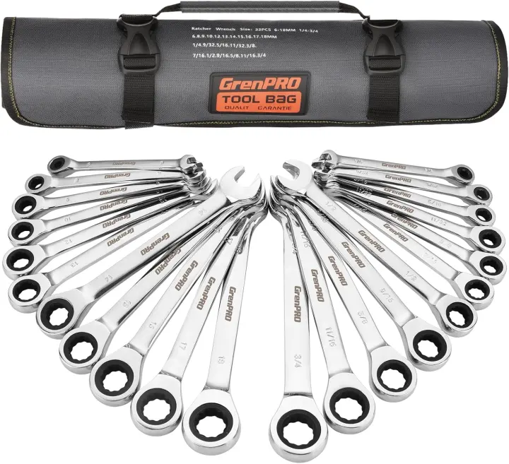 GRENPRO 22-Piece Ratcheting Combination Wrench Set — SAE & Metric
