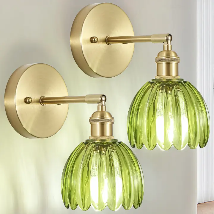 Hardwired Gold Wall Sconce Pair — Green Tulip Glass, E26 Socket
