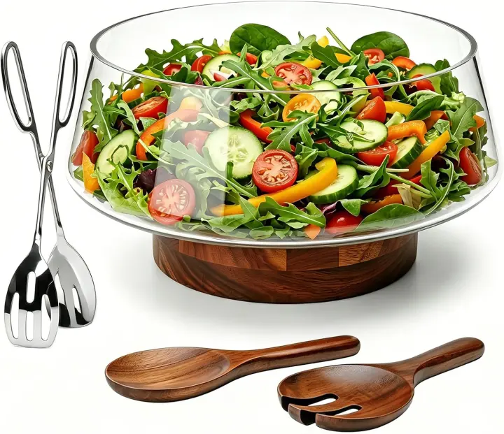 Large Glass Salad Bowl Set with Acacia Wood Base and Serving Utensils
