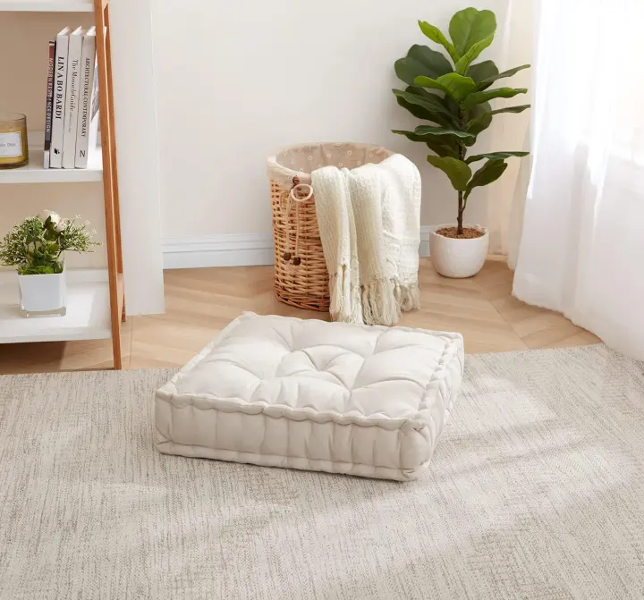 Large Tufted Floor Pillow — 20 x 20 Faux Velvet Cushion (Ivory)