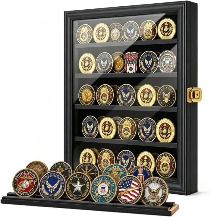 Lockable Military Challenge Coin Display Cabinet with Removable Shelves