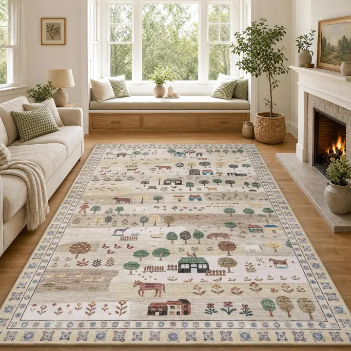 Machine-Washable Area Rug 5x7 — Whimsical Farmhouse Low-Pile Beige