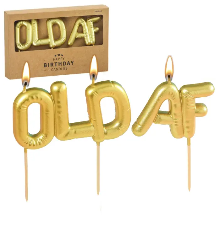 Novelty Gold Birthday Candle Set — Comedic Cake Letters