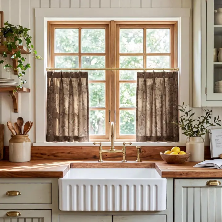Pinch-Pleat Floral Cafe Curtains — 24-Inch Linen-Blend Sheers