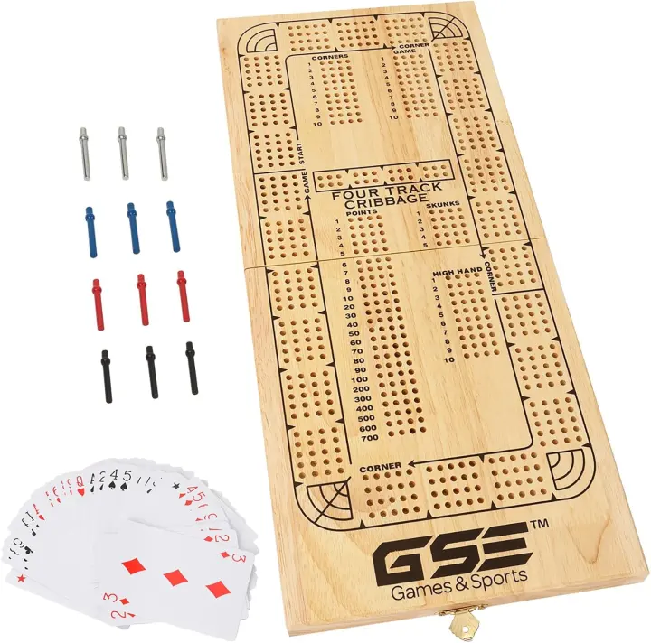 Portable 4-Track Wooden Folding Cribbage Board Set