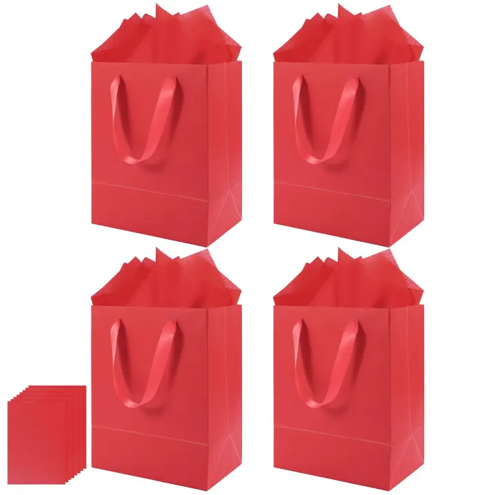 Red Medium Gift Bags with Handles — 4-Pack, 8 x 5 x 10 Inch Paper Bags