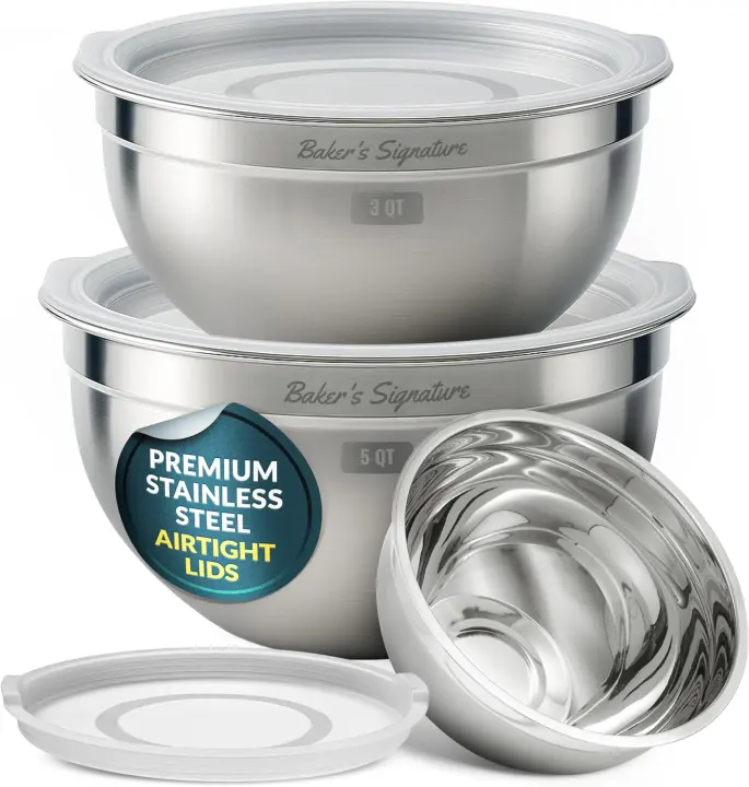 Stainless Steel Mixing Bowls Set of 3 with Lids — Nesting 1.5 / 3 / 5 QT