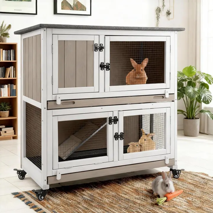 Two-Story Wooden Rabbit Hutch with Ramp & Removable Trays