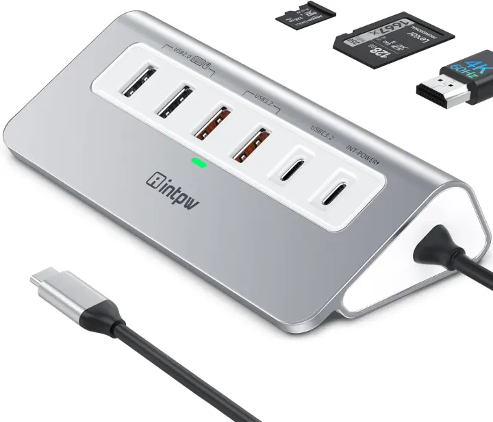 USB-C Hub 9-in-1 Aluminum Dock — 28° Ergonomic, 4K@60, 10Gbps, PD100W