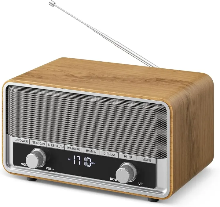 Vintage Wood AM/FM Bluetooth Tabletop Radio with Clear LCD