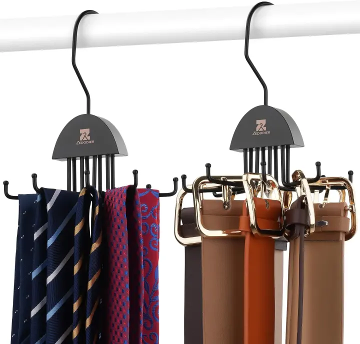 Wooden 2-Pack Tie & Belt Hanger — 16 Adjustable Hooks, 360° Swivel